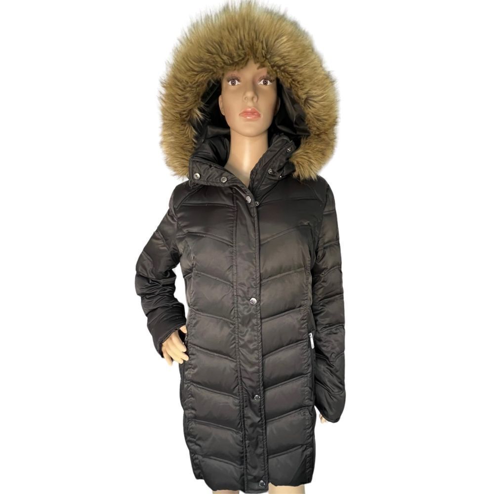 Kenneth Cole Reaction Long Winter Coat With Faux Fur Trimmed Hood